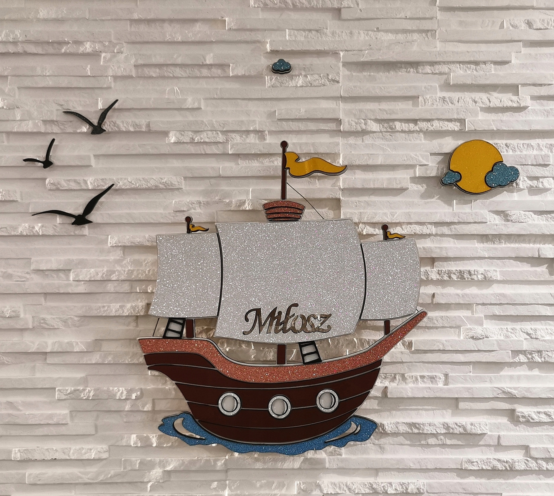 Lampka nocna statek chmurki słońce brokatowy imię dziecka, piracki statek Kod producenta Statek