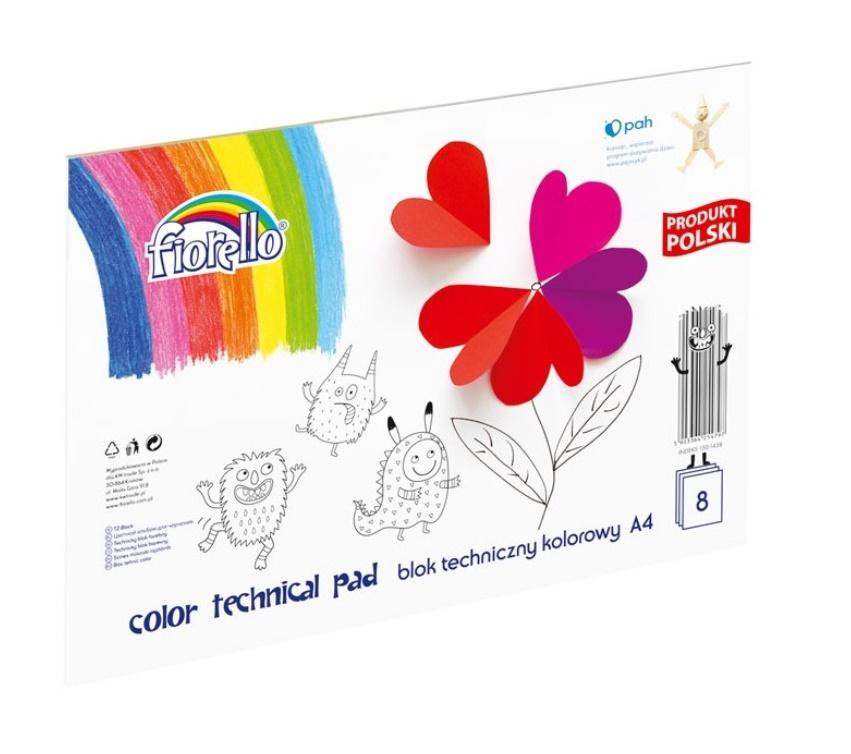 KOLOROWY BLOK TECHNICZNY DO SZKOŁY A4/8 Fiorello Szkolny Rewelacyjny Papier
