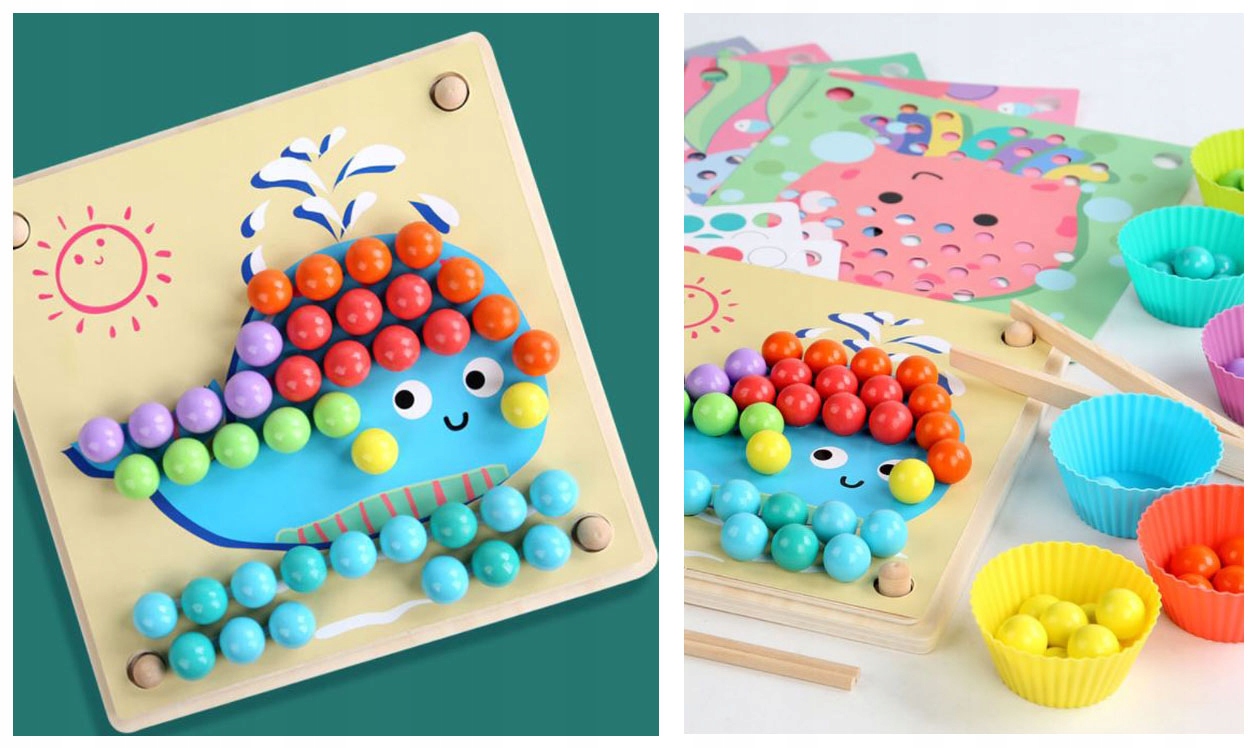 MONTESSORI DREWNIANA UKŁADANKA z KULKAMI DREWNIANY SORTER GRA PUZZLE DZIECI Kolor dominujący wielokolorowy