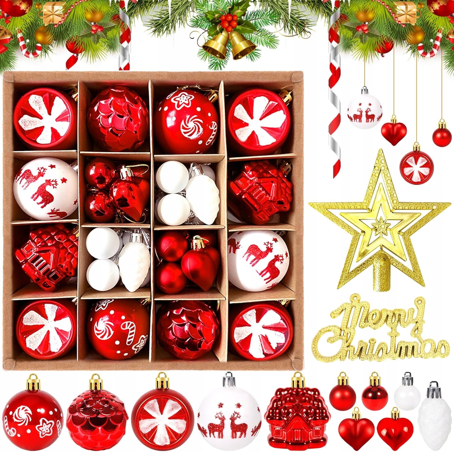 Sada 42 Plastových Vánočních Koulí S Červenými Bílými Ozdobami