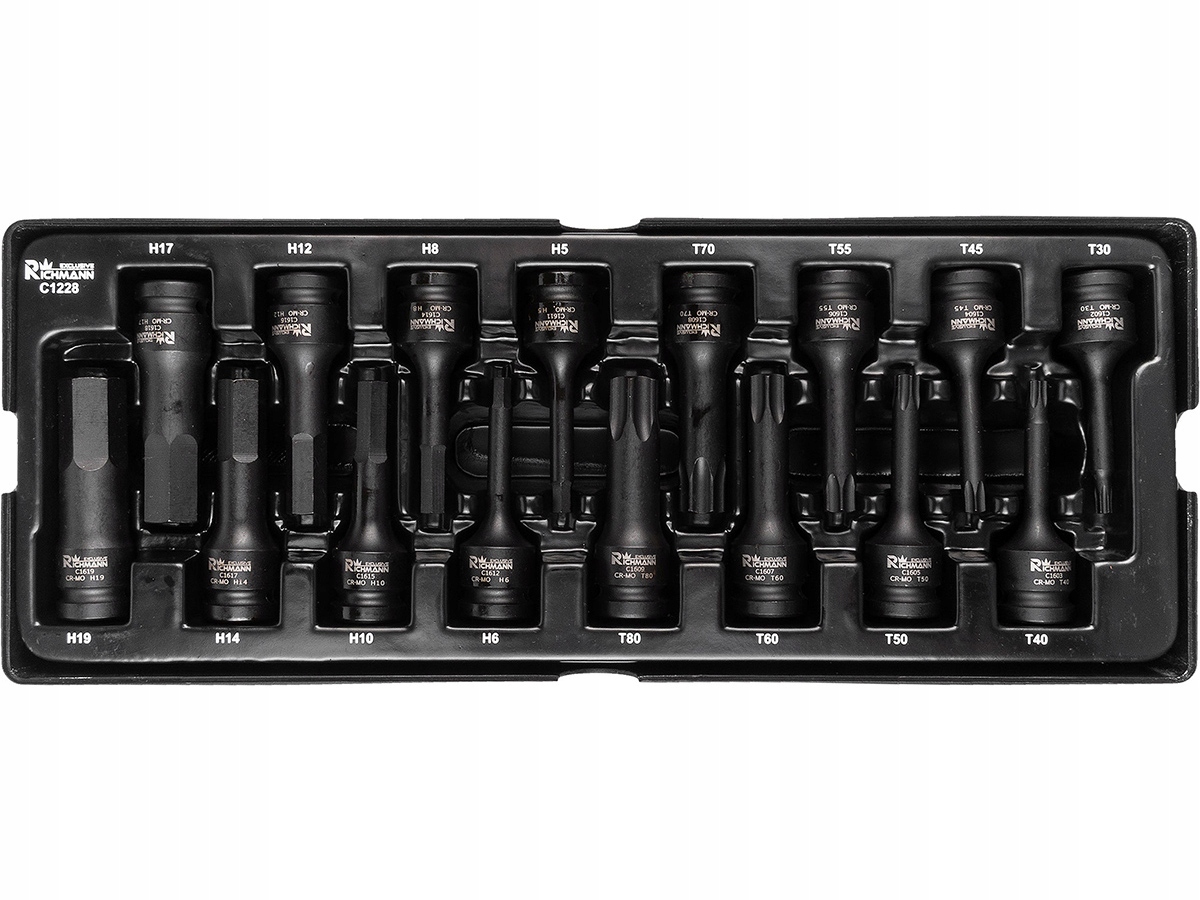 WKŁAD NASADKI UDAROWE 1/2' 78MM IMBUS H5-H19, TORX T30-T80 16 ELEM. C1228T Marka RICHMANN
