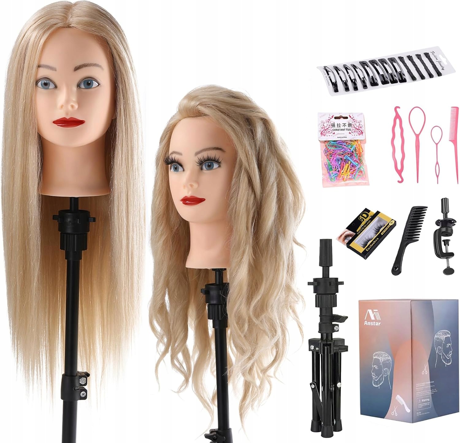 Głowa fryzjerska HairStyler Blond 70% włosów naturalnych ze stojakiem