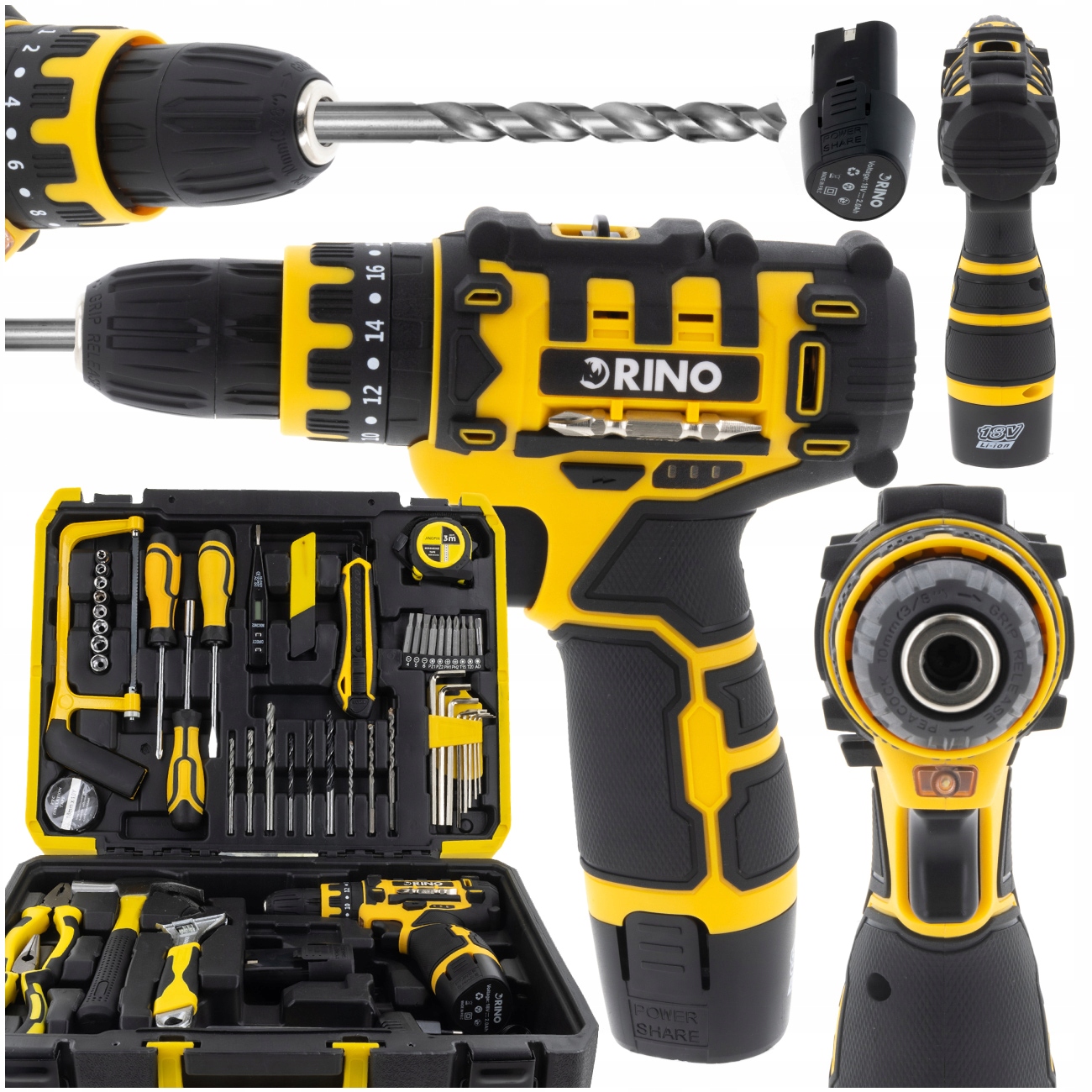 Wiertarko-wkrętarka Akumulatorowa Zestaw Nasadek 18V Rino 2xAKU 117EL