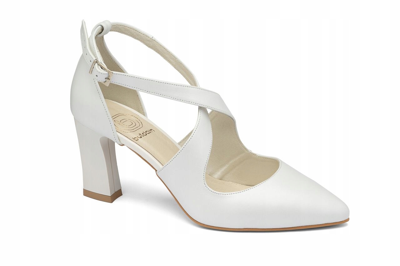 svatební boty s koženými pásky, bílé na stabilním podpatku, velikost 39