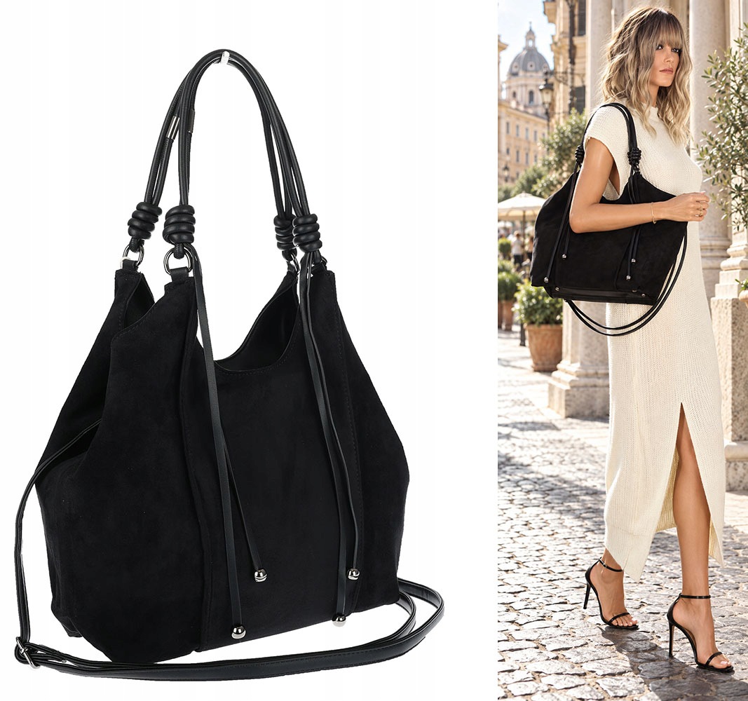 Dámská shopper kabelka prostorná semišová módní taška D0717 Černá