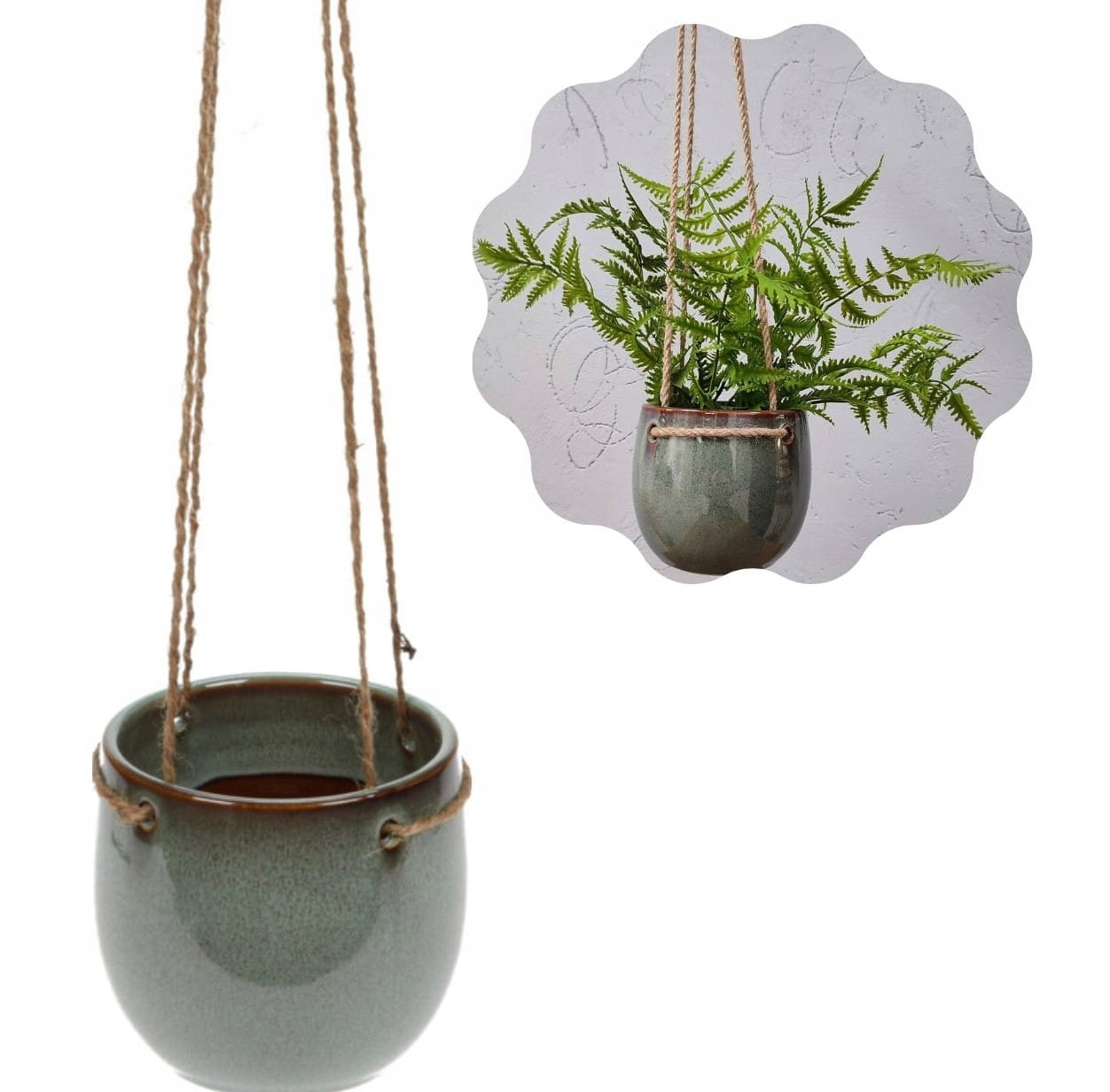 

Doniczka osłonka wisząca Ø13 cm zielona ceramiczna