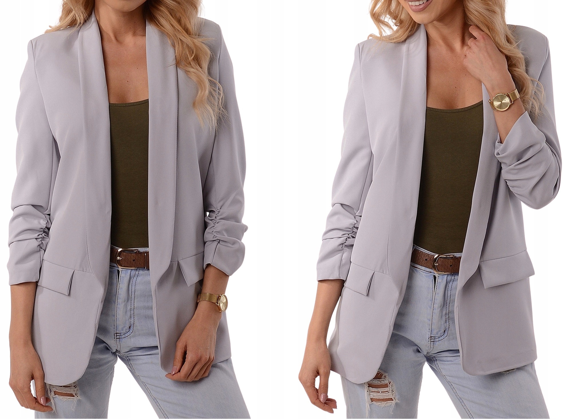 Smokingowa Marynarka damska blezer włoski styl Żakiet szary L/40