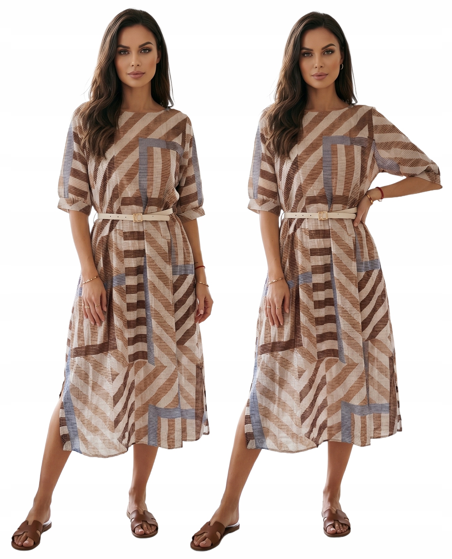 Šaty Prodyšná Letní Midi Vzory Geometrické Kapsy Pásek Boho