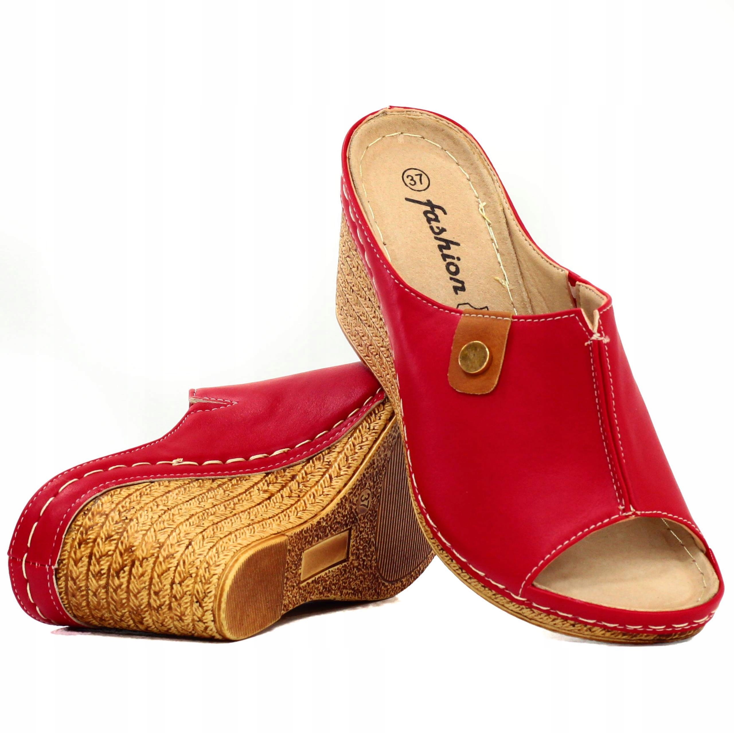 KLAPKI DAMSKIE PROFILOWANE WYSOKIE SZYTE SKÓRA Wzór dominujący bez wzoru