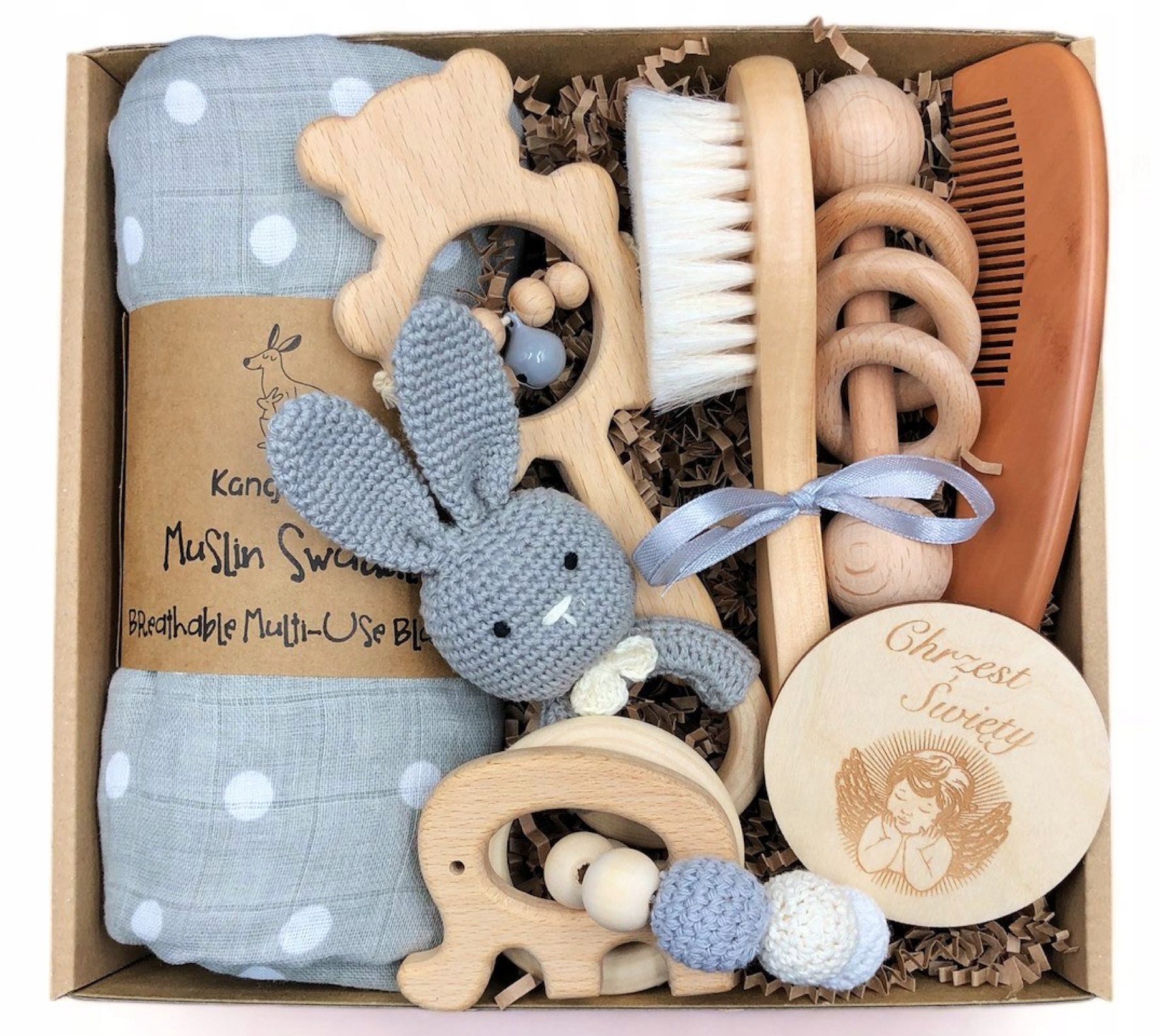 CHRZEST ŚWIĘTY prezent dla dziecka wyprawka + BOX Materiał drewno karton tkanina