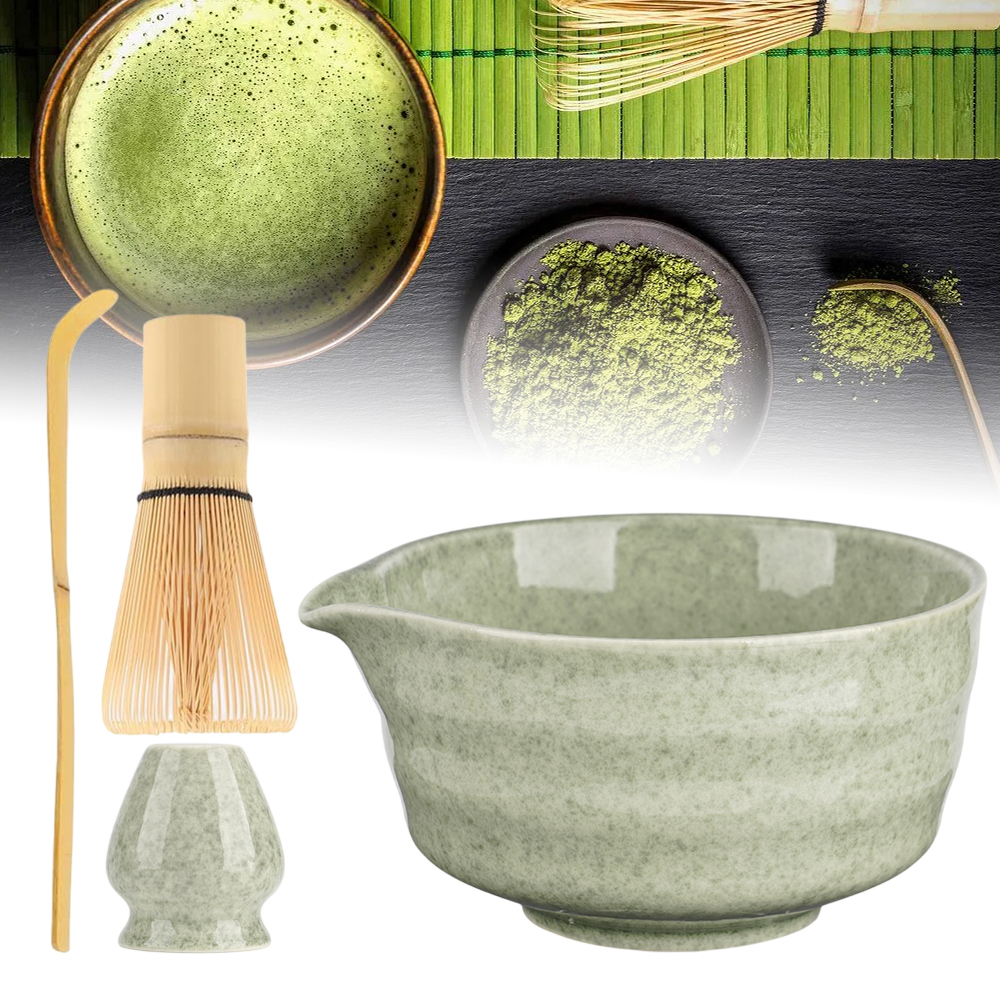 Zestaw Do Herbaty Matcha Ceramika Bambus Miseczka Chochla Trzepaczka Stojak