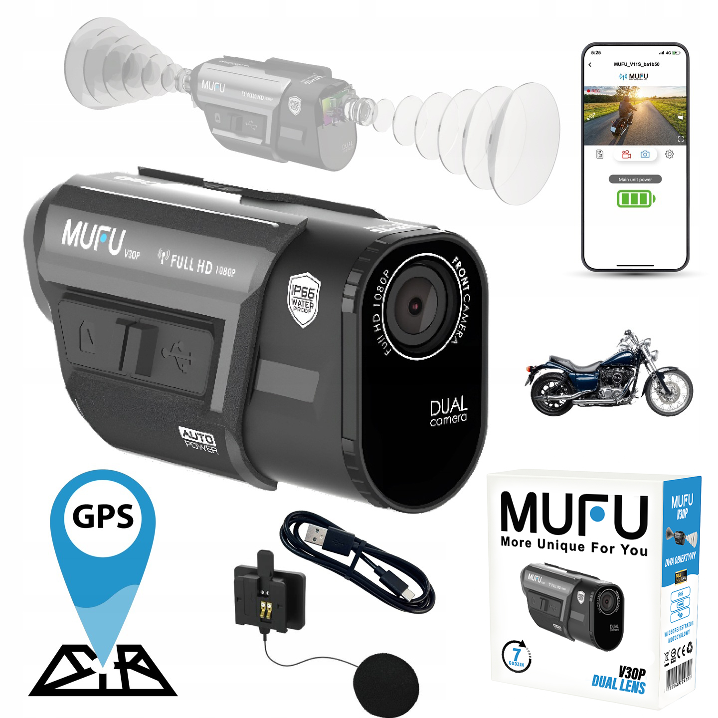 Motocyklový Videorekordér Mufu Motocam V30P s Gps 7H kamera na motorku