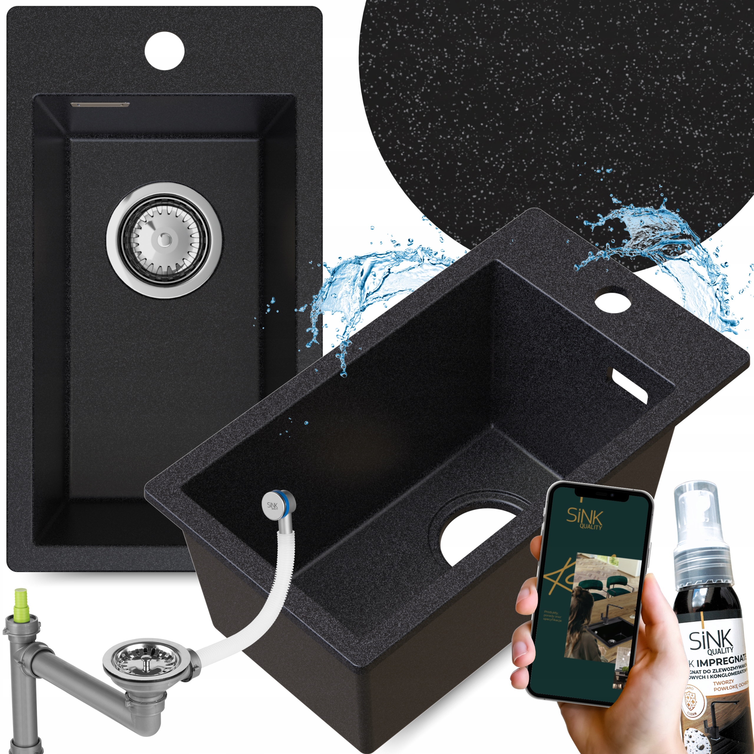 Granitový kropenatý dřez Jednokomorový Malý Úzký kuchyňský Dřez 4v1