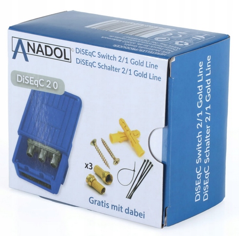 ZEWNĘTRZNY PRZEŁĄCZNIK DISEQC 2/1 ANADOL + 3 wt. F Waga produktu z opakowaniem jednostkowym 0.3 kg