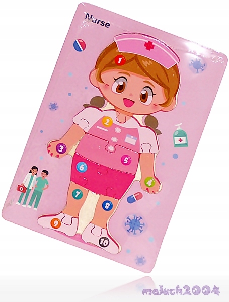 DREWNIANE PUZZLE układanka ZAWODY cyferki Marka IM