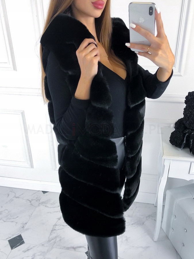 KAMIZELKA FUTRZANA Z KAPTUREM FUTRO CZARNA XXL Model MIŚ KAPTUR