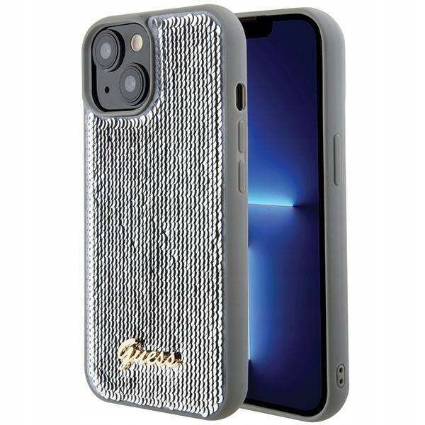 Pouzdro pro iPhone 15 Guess Sequin Script Metal stříbrné