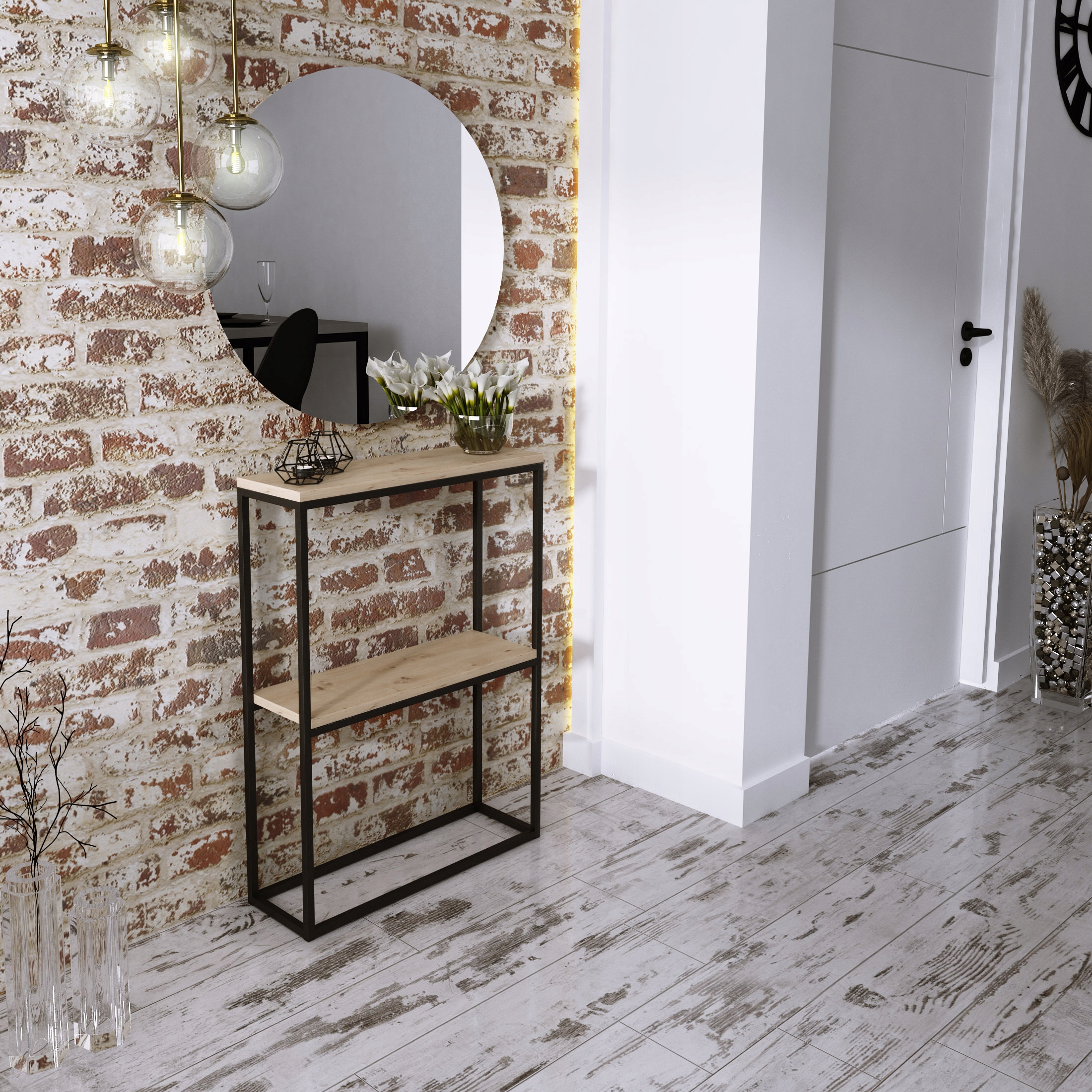 Konsola Podwójna Z Półką Przedpokój Loft 60x20h80 Czarna+Blat Dąb Artisan Kod producenta KPP-C1DA-60x20h80