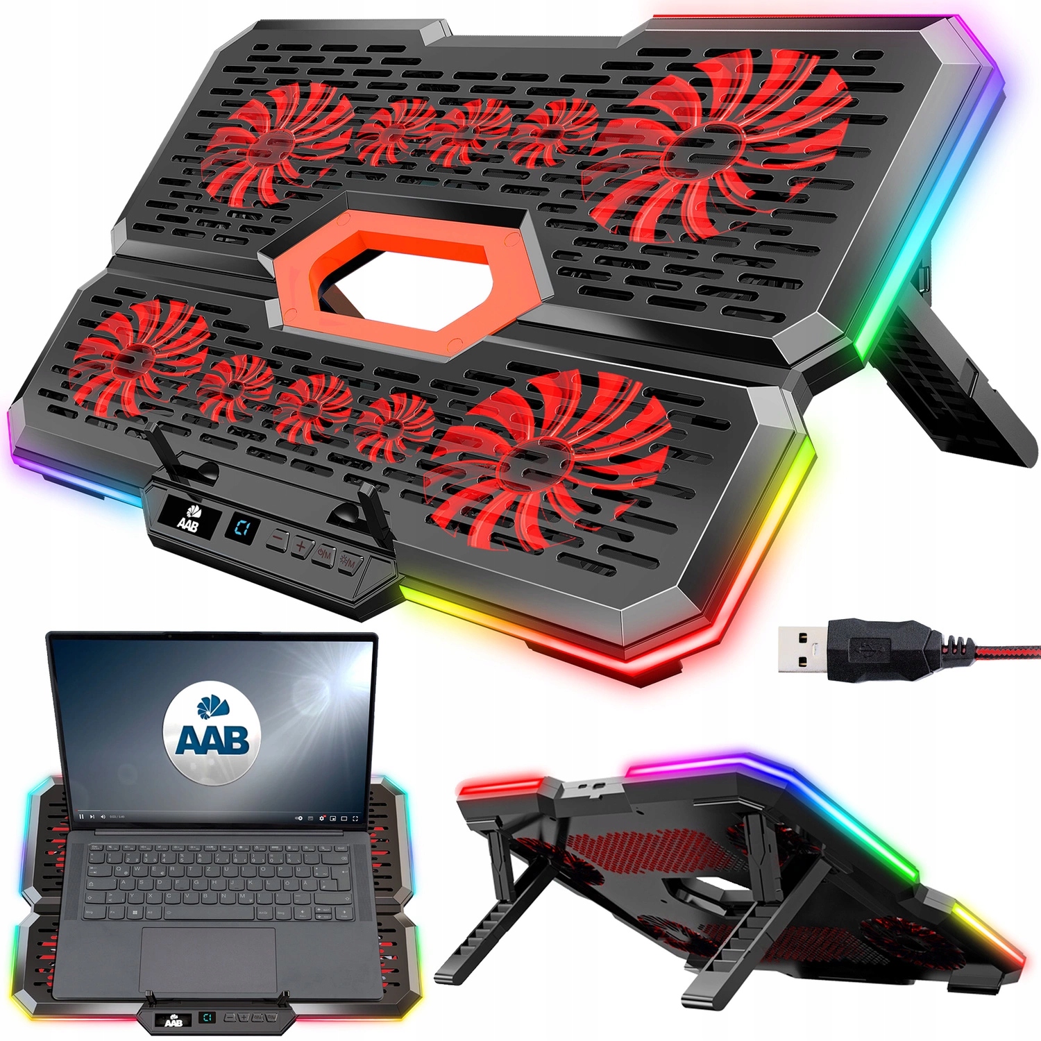 AABCOOLING Laptop Kühlpad SCUTUM - 6 Lüfter RGB LED, Für 10-17 Zoll Notebooks, Verstellbar