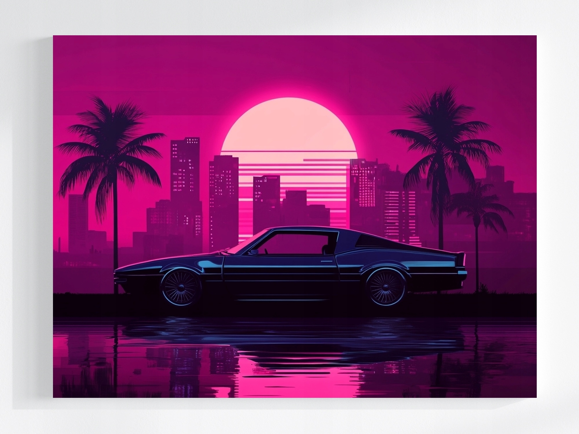 Obraz Na Plátně Canvas Grafika Synthwave Auto Slunce Miami Vice 100x75
