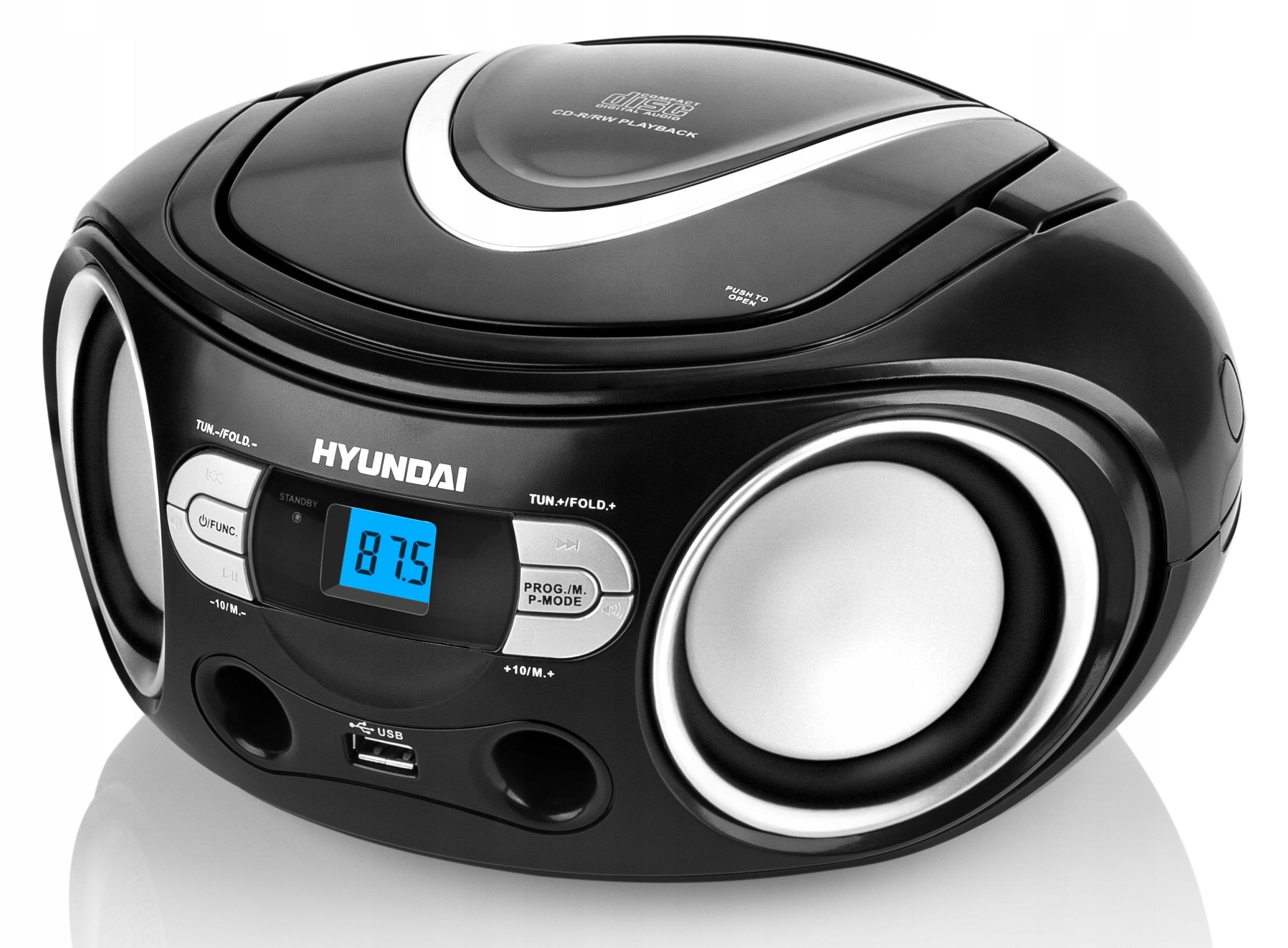 Boombox Kuchyňské Rádio Přenosné Fm Usb Aux CD MP3 LCD Anténa Hyundai Černá