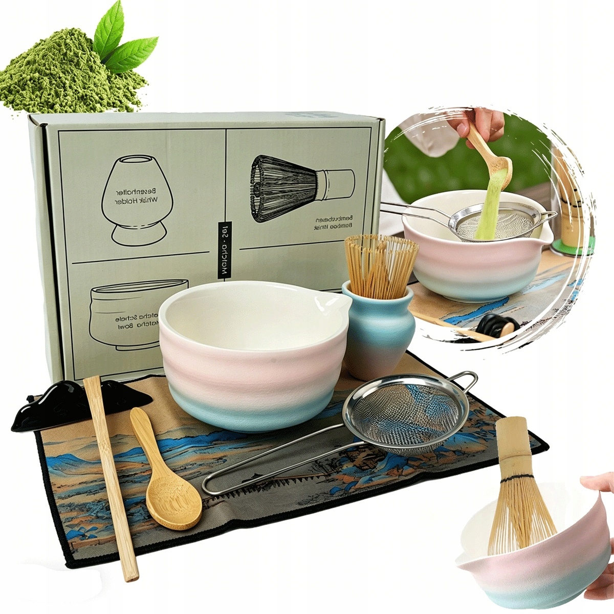 Sada na obřad matcha růžovo-gradientní s podstavcem a ručníkem