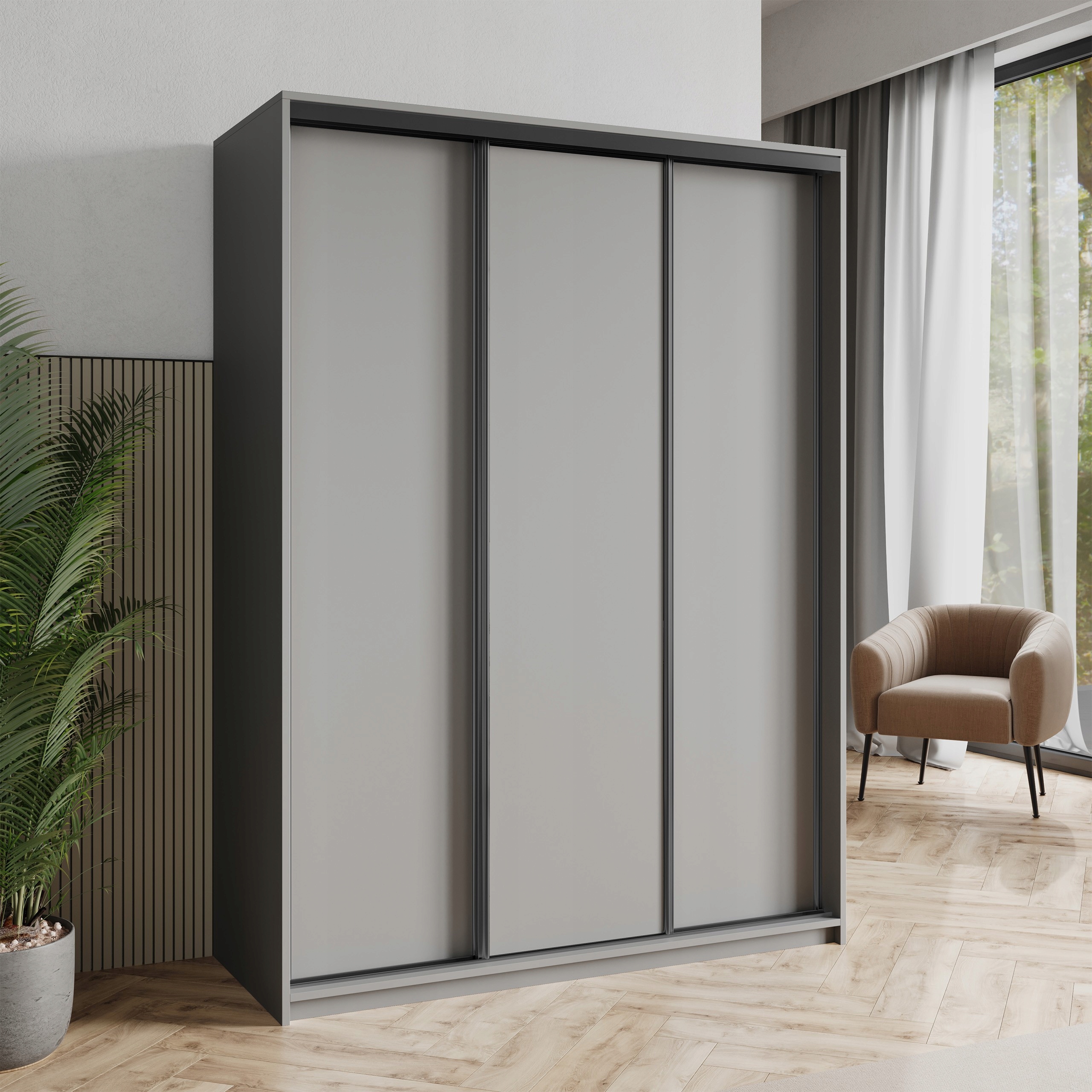 Skříň Třídveřová Nisse 150 cm Zásuvky Grafit Černá