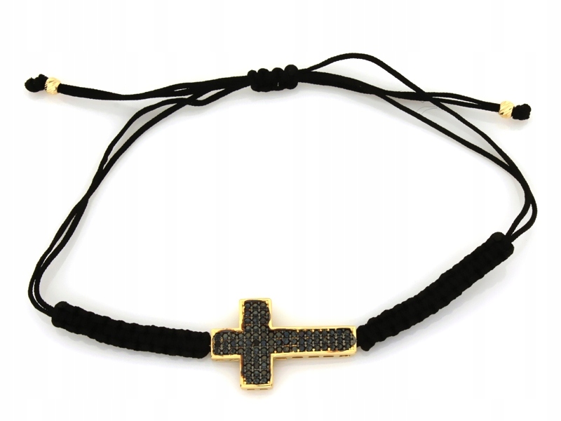Zlatý provázkový náramek 585 Křížek ze zirkonu na černém provázku 1.96 g