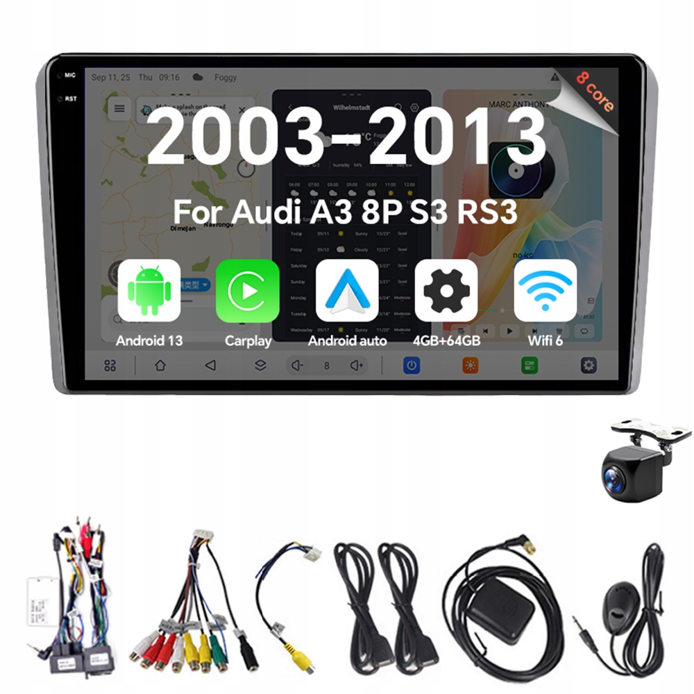 Autorádio 2Din Android13 pro Audi A3 8P S3 RS3 2003-2013 Carplay Gps 4G 64G