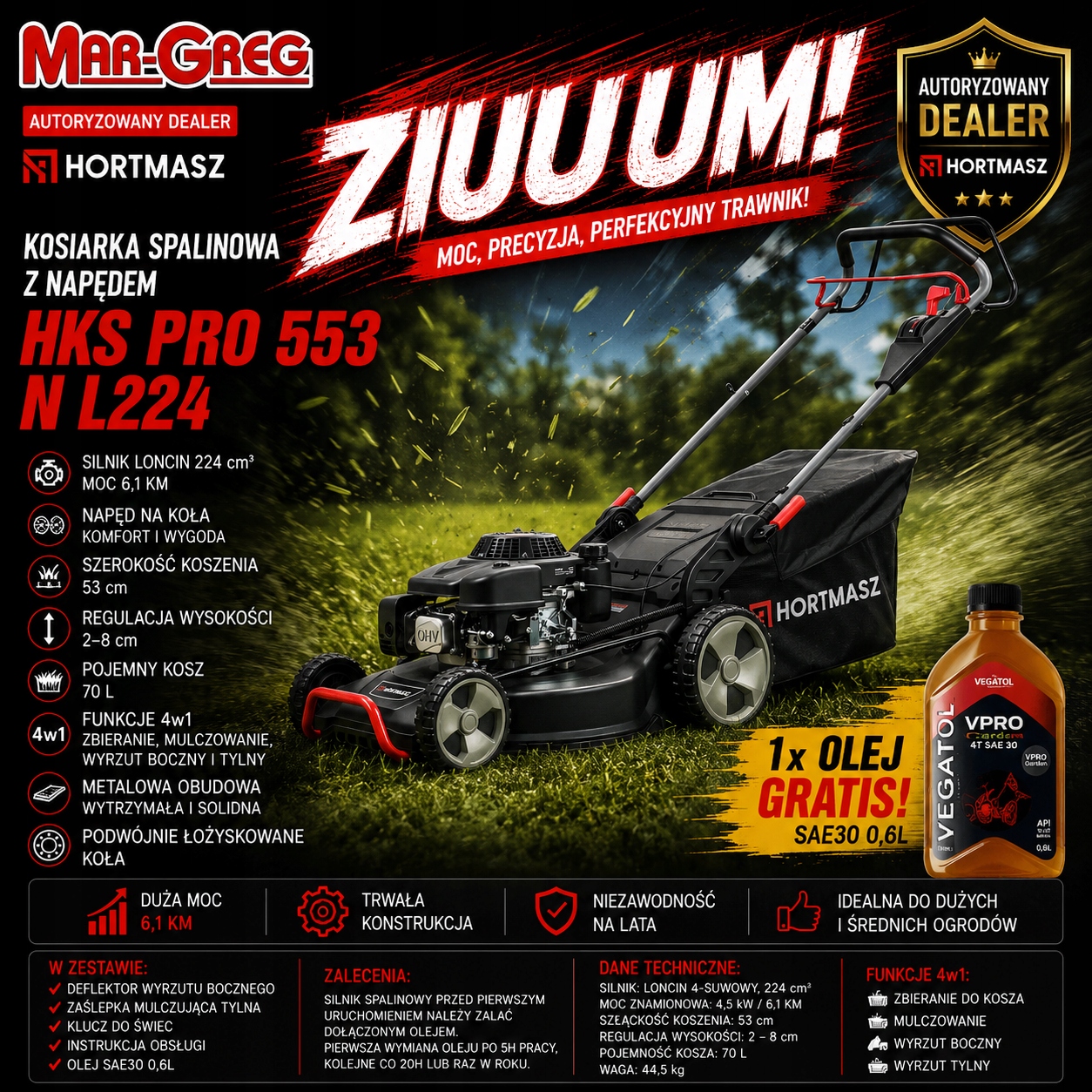 Kosiarka spalinowa z napędem Hortmasz Hks Pro 553 N L224 Olej