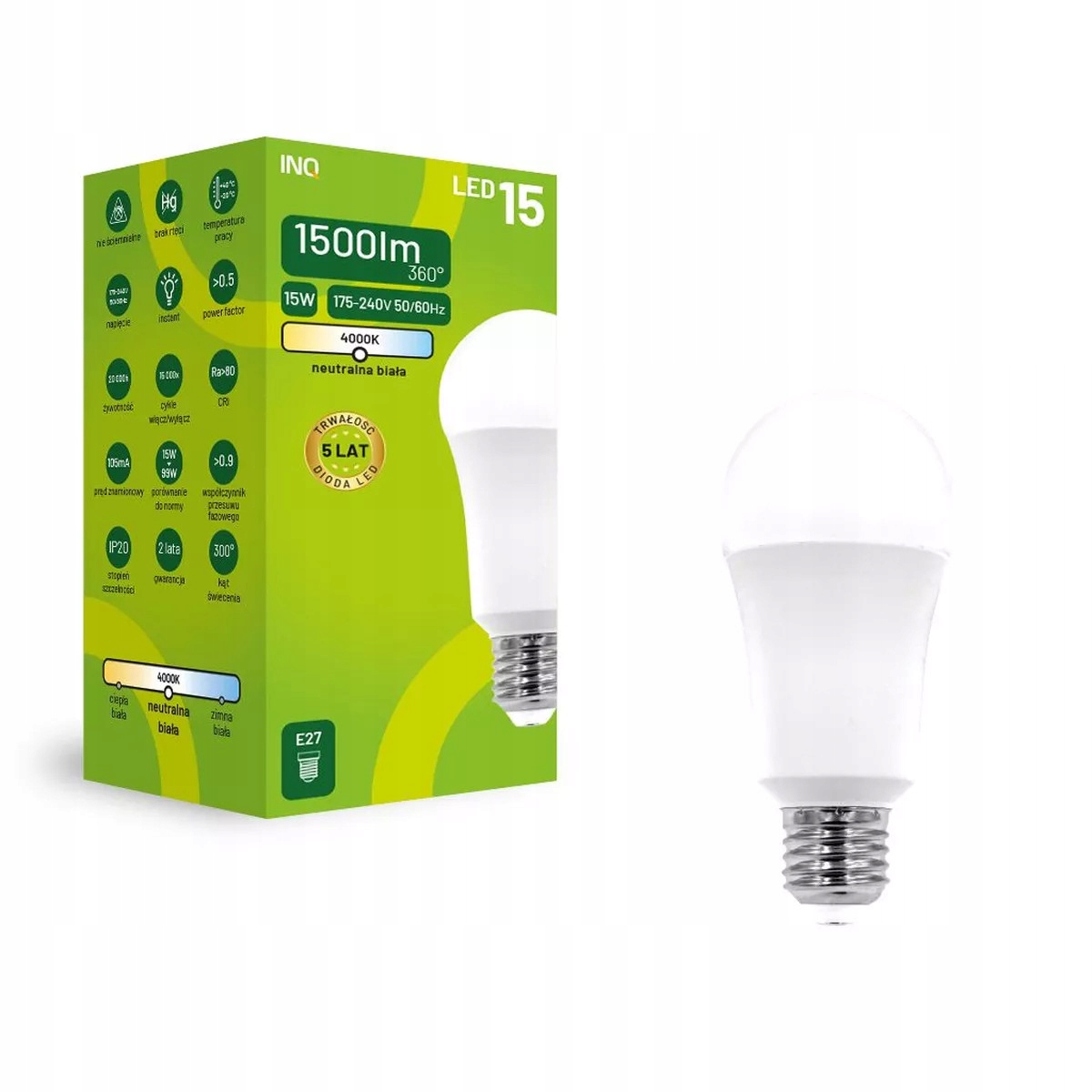 

Żarówka Led A60 E27 230V 15W=100W Neutralna 4000K