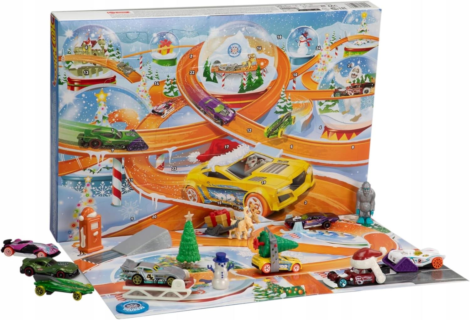 Адвент-календарь Hot Wheels 2024, 8 машинок 1:64 и 16 зимних аксессуаров, от 3 лет — фото 7
