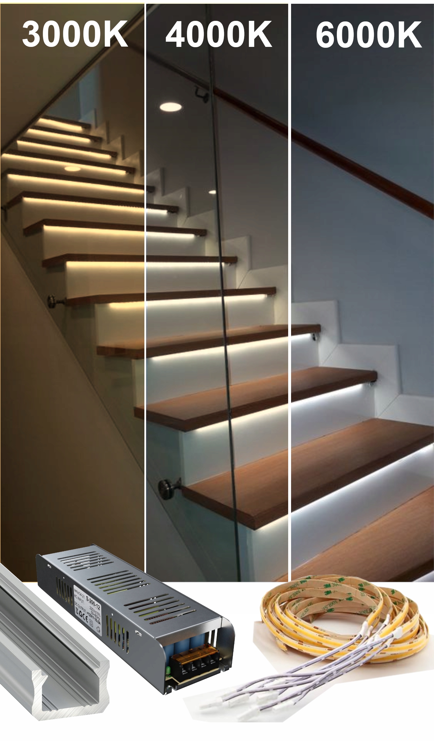 Set Schodové Osvetlenie Na Rozmer 16x1 m Profil, Páska Cob A Napájací Zdroj