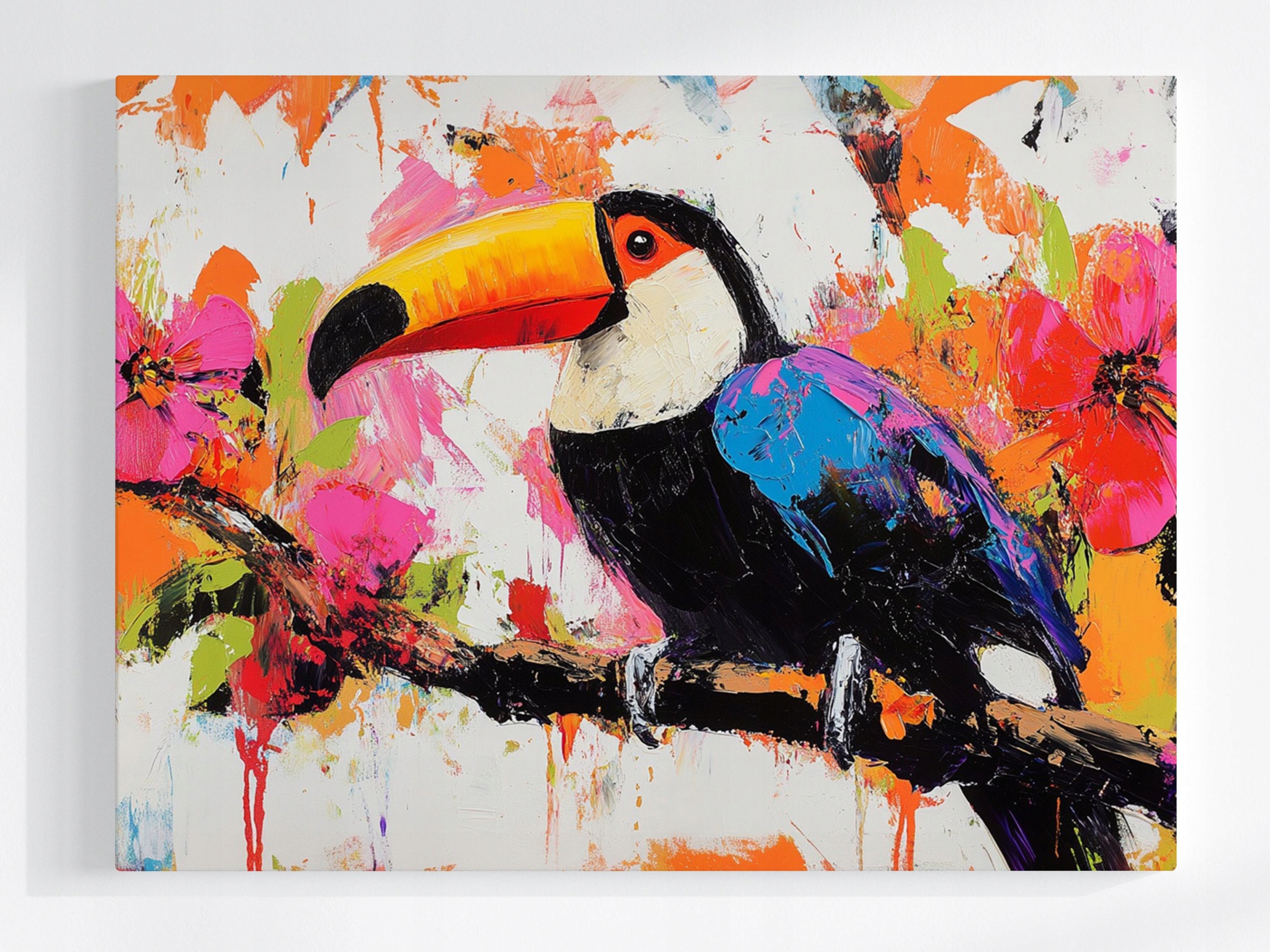 Obraz Na Plátně Canvas Grafika Příroda Barevný Pták Tukan Květiny 80x60