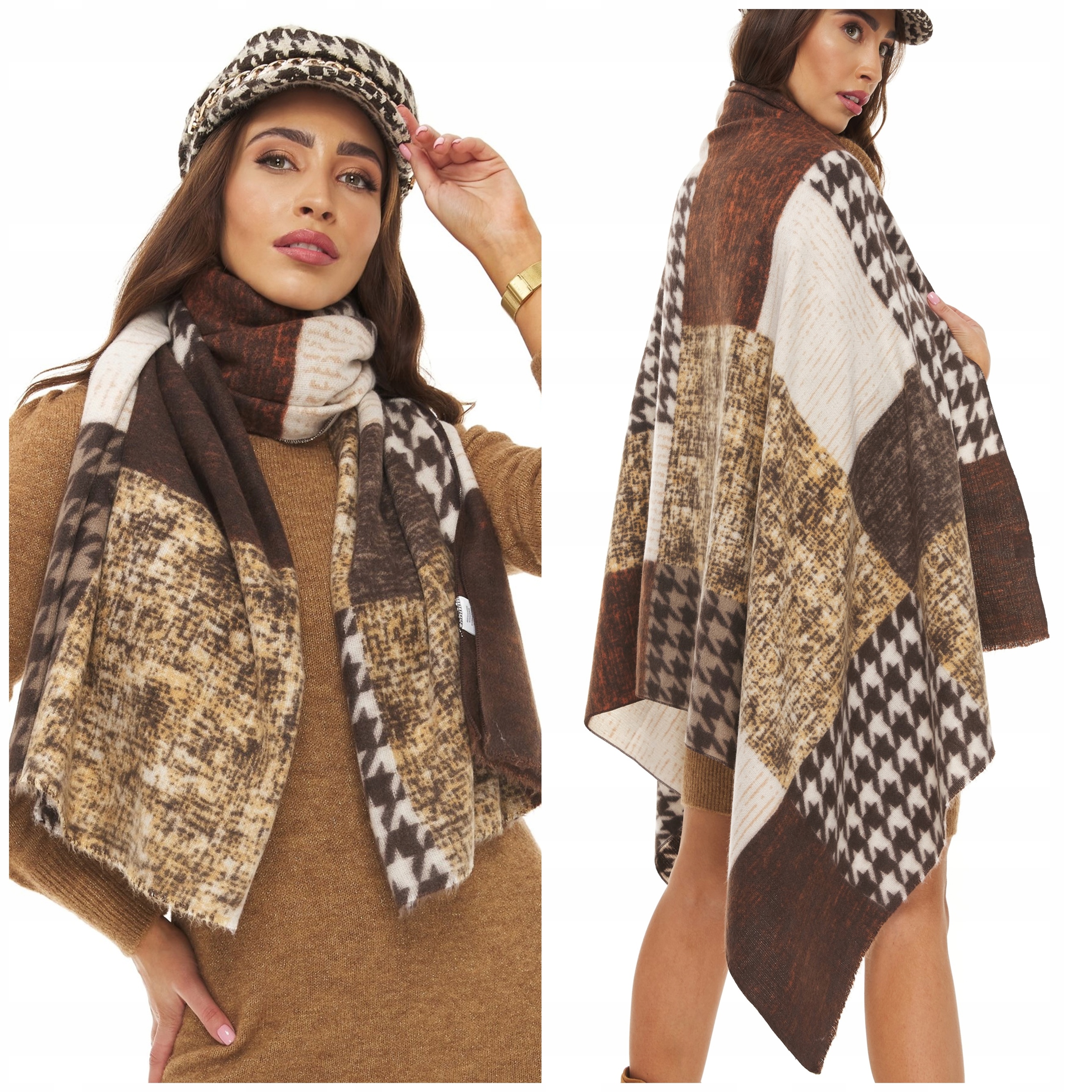 SZAL SZALIK CIEPŁY pepitka melanż rudy beż brąz