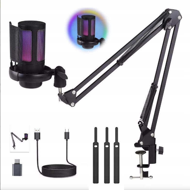 Usb Kardioidní Světelný Mikrofon Rgb Rameno S Konektorem Pro Sluchátka, Pop Filtr