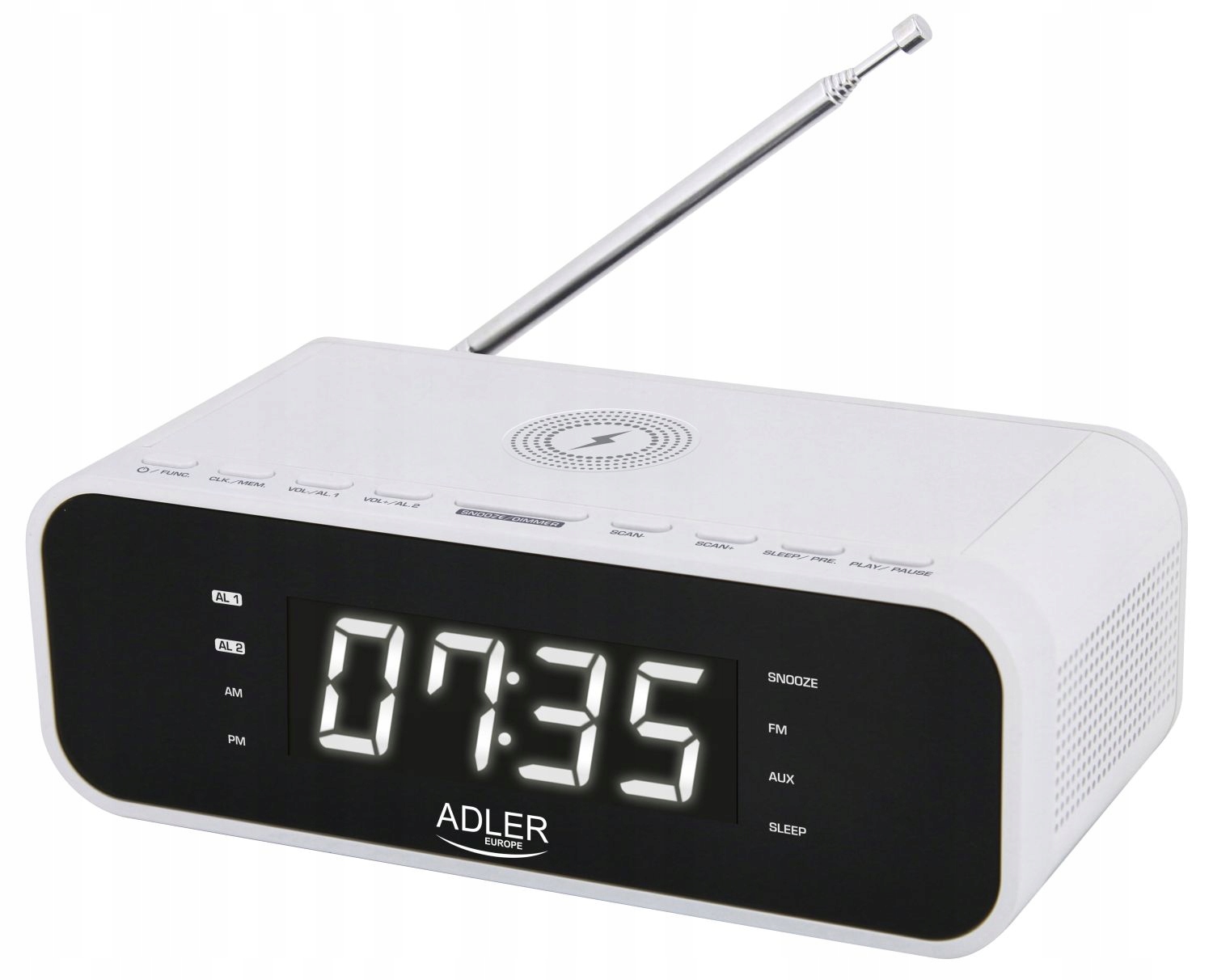 Radiobudzik z Ładowarką Bezprzewodową FM Bluetooth 5.0 AD 1192 White
