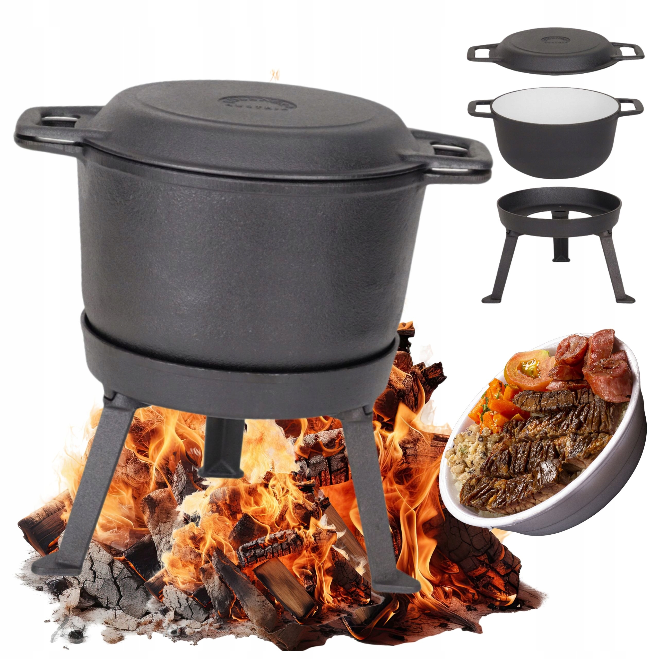 Litinový Kotlík lovecký smaltovaný stojící Hrnec na oheň gril 8L