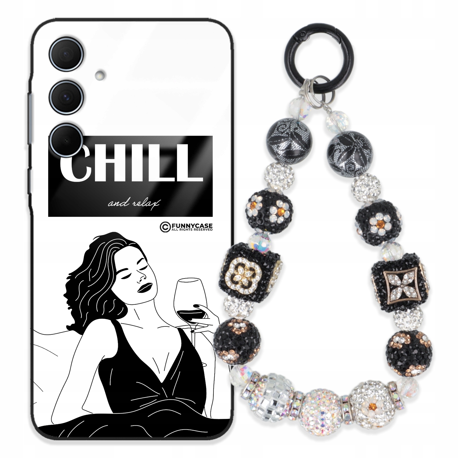 Puzdro Pre Samsung A35 Glass, Ženské Čierno-biele Kľúčenka, Strieborný Zirkón