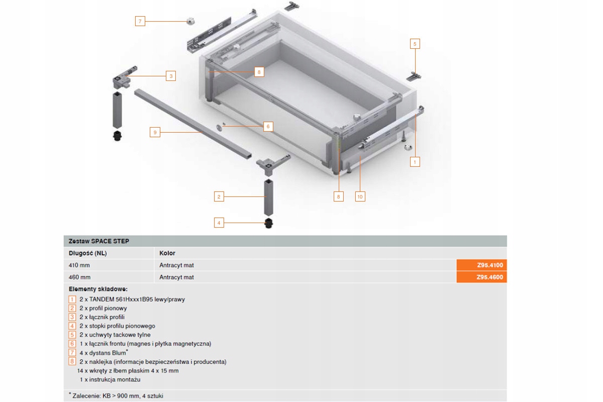 Blum Z95.4600 Space Step sada, plast/ocel, délka 460 mm