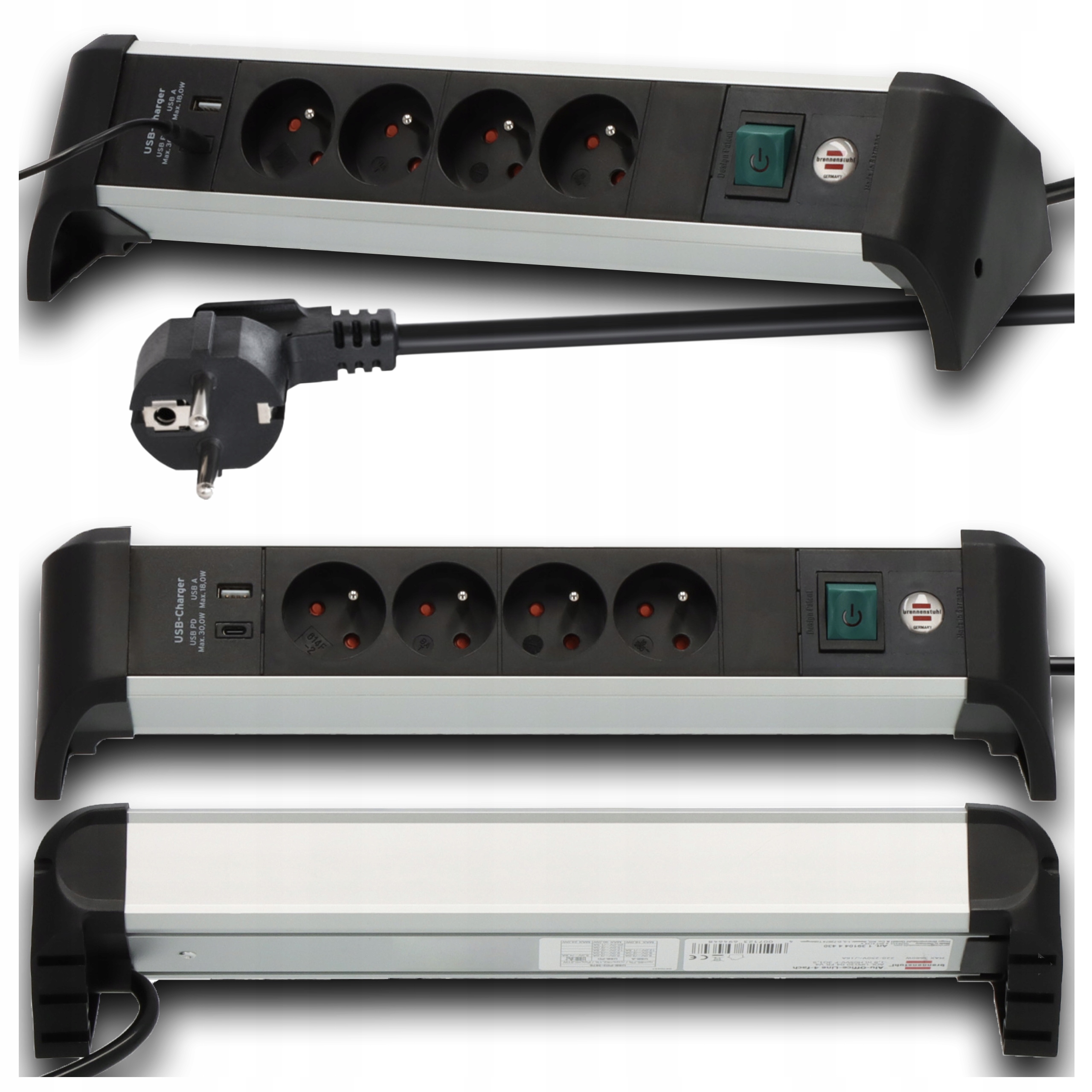 Zásuvková Lišta Brennenstuhl hliníková 4Gn 2 porty Usb-c 30W a Usb-a 18W