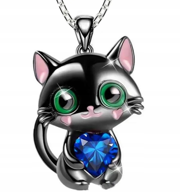 Naszyjnik Dziecięcy Kotek Kot Cyrkonie Łańcuszek Piękny Niebieskie Serce Kolor szary
