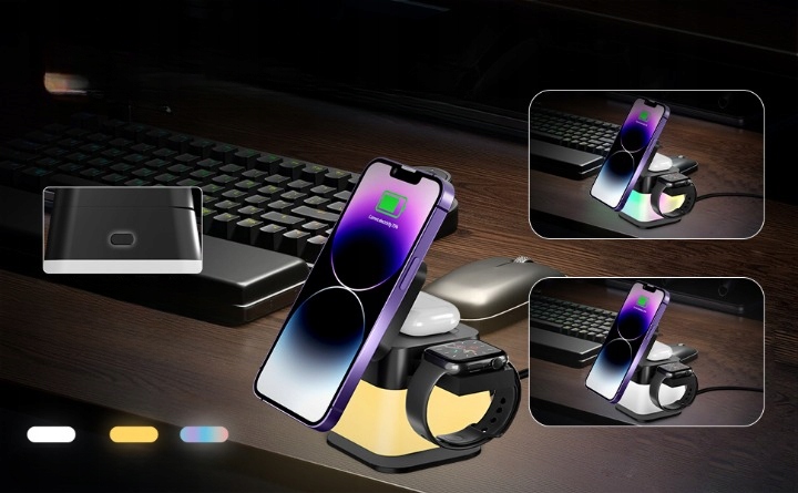 Ładowarka Indukcyjna Qi MagSafe 15W iPhone Apple Watch AirPods Dokująca 4w1 Przewód w zestawie tak