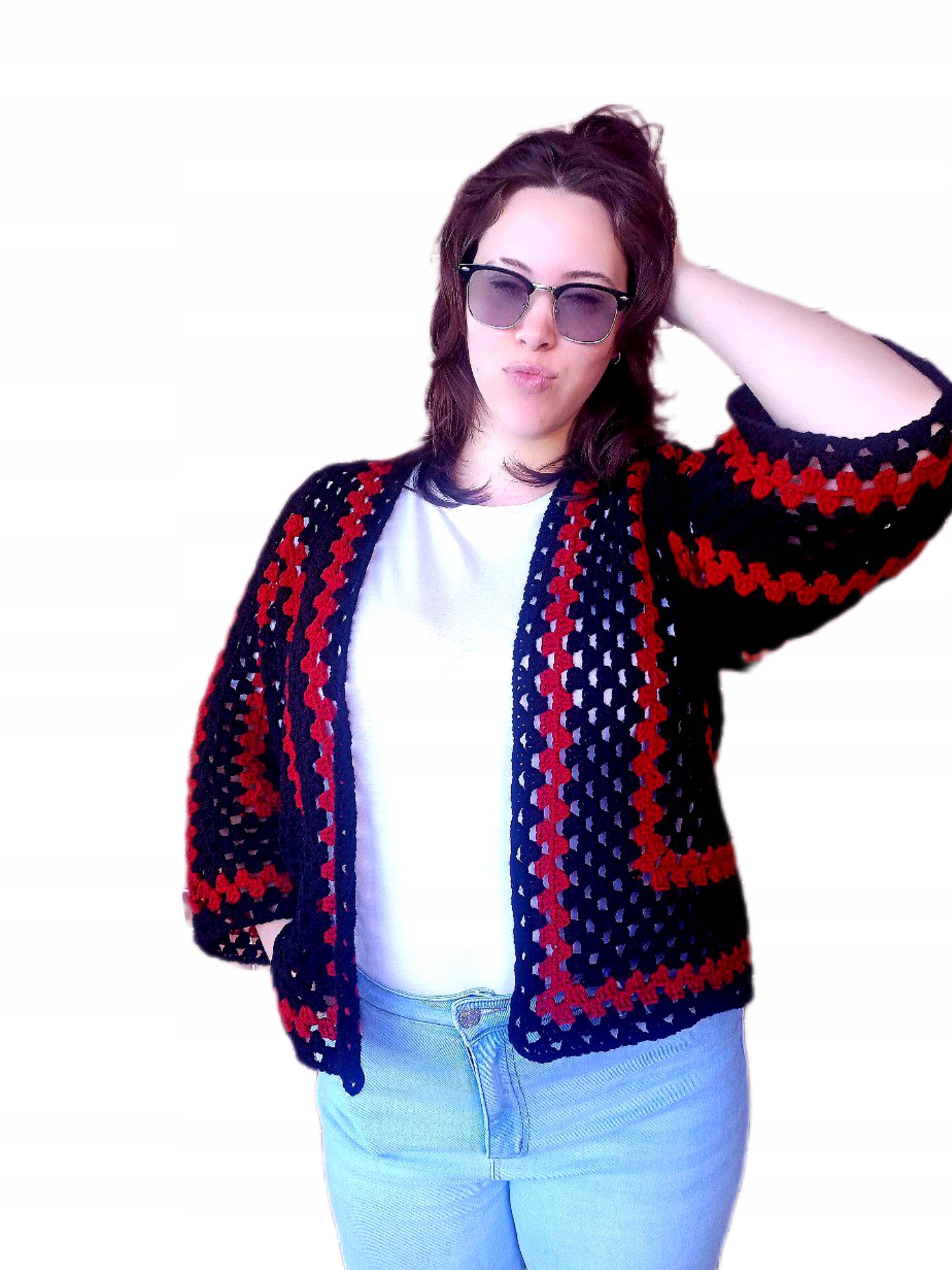 RK/HN19 Dámský Ručně Háčkovaný Svetr, Barva Černá S Červenou