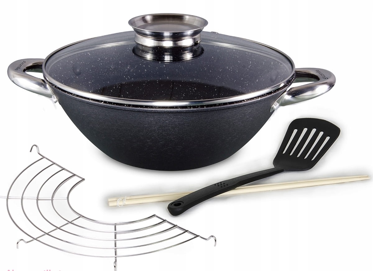 

Wok Żeliwny Patelnia 32cm Pokrywa Indukcja marmur