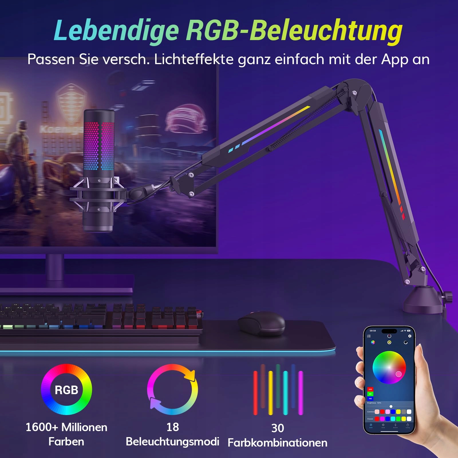 TONOR Gaming Mikrofon Ramię RGB Regulacja Jasności Dotykowa Aplikacja — miniatura 2