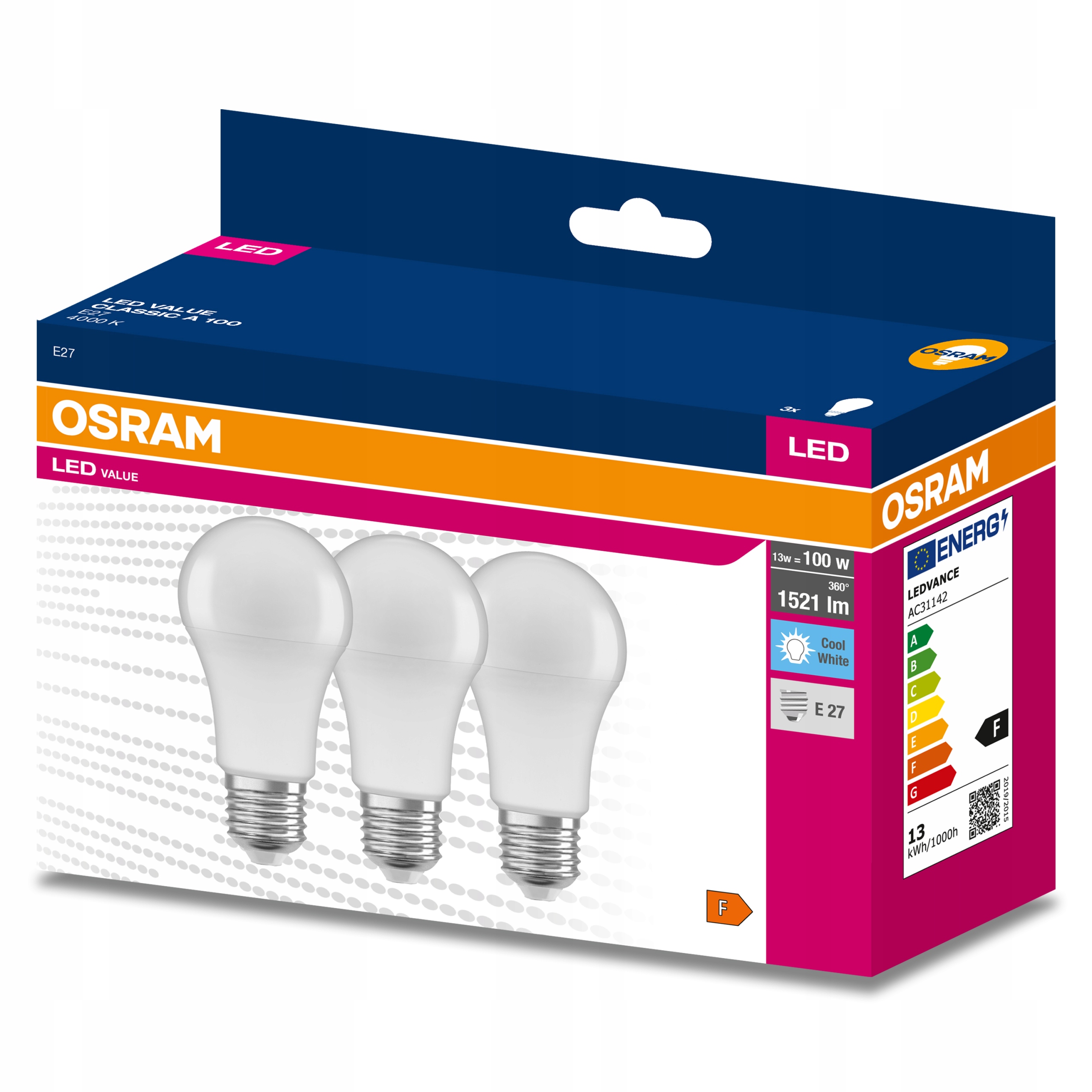 

3x Żarówka Led E27 A60 13W 100W 1521lm 4000K Osram