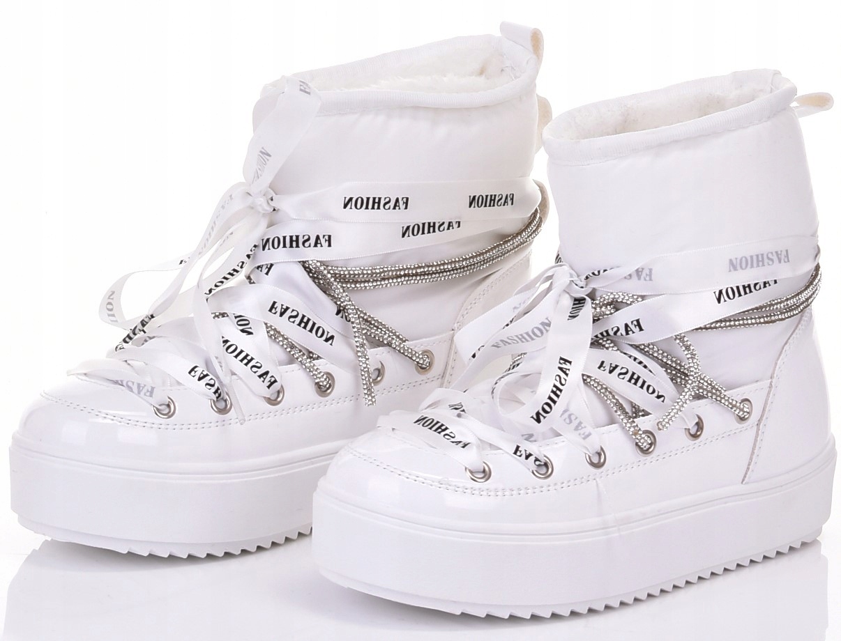 MODNE ŚNIEGOWCE Z FUTERKIEM WSUWANE BUTY ZIMOWE NA PLATFORMIE Kolor biały