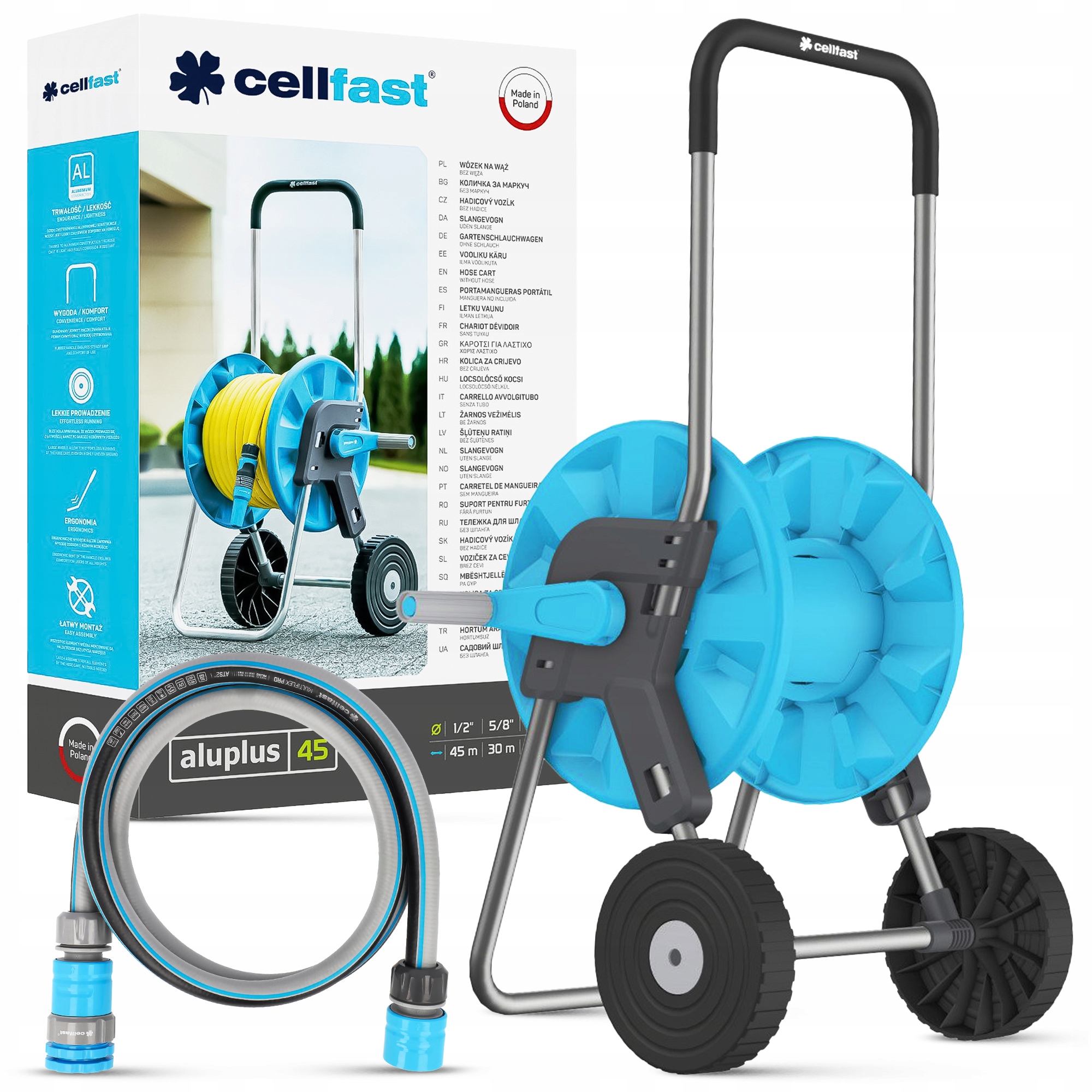 Vozík na zahradní hadice Cellfast Aluplus 1/2 45 m, silný připojovací set