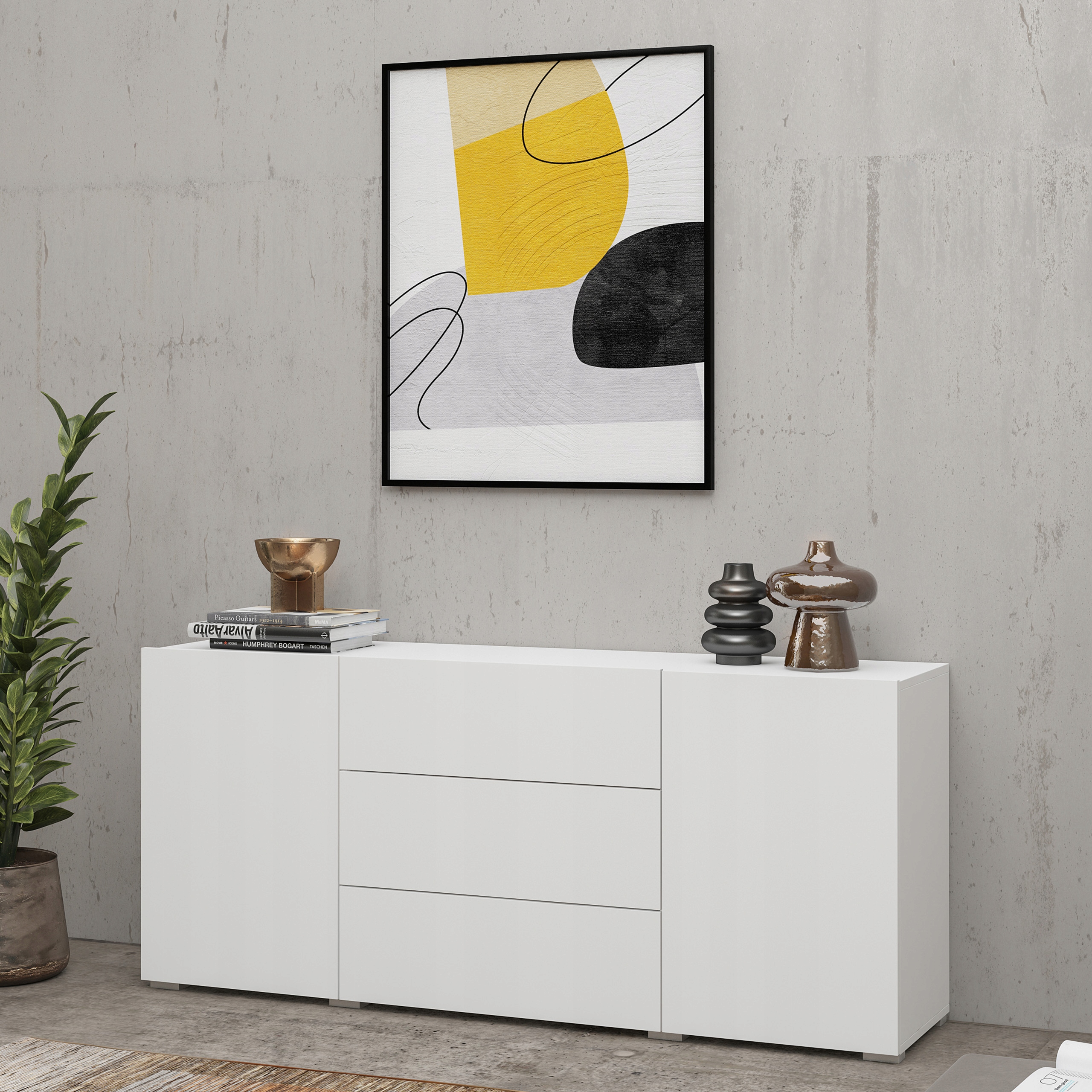 Komoda Aurora 140 cm do obývacího pokoje Ložnice 3 zásuvky 2 Dvířka Bílá